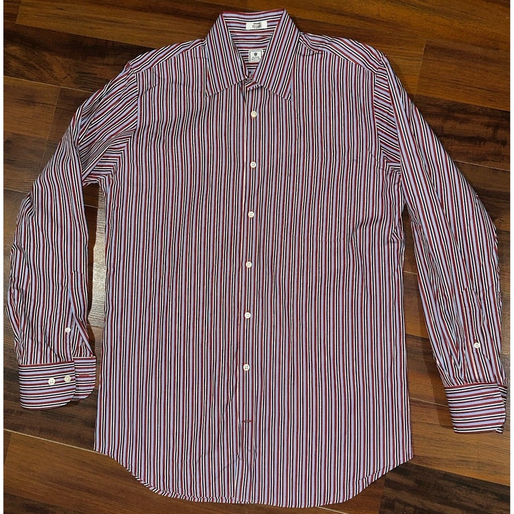 Peter Millar Mens M Button Up Long Sleeve Blue Red Striped Cotton Dress‎ Shirt